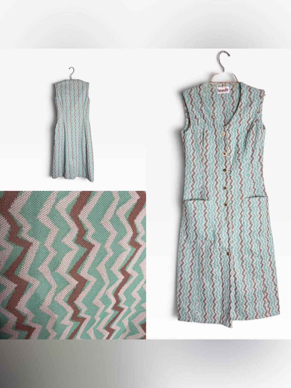 Vintage Bandit Booth Bay Midi Dress Chevron Zigzag Button Front Pockets 60’s 70’